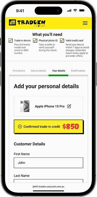JB Hi-Fi Trade-In mobile screen capturing customer personal details with confirmed trade-in credit