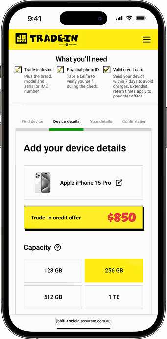 JB Hi-Fi Trade-In mobile screen showing iPhone 15 Pro device details with an 850 dollar trade-in credit offer
