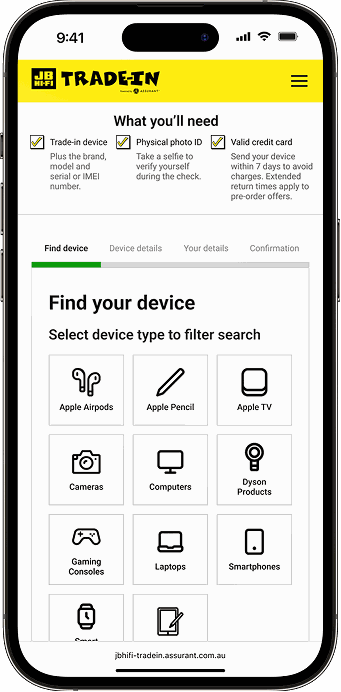 JB Hi-Fi Trade-In mobile screen showing the device type selection grid