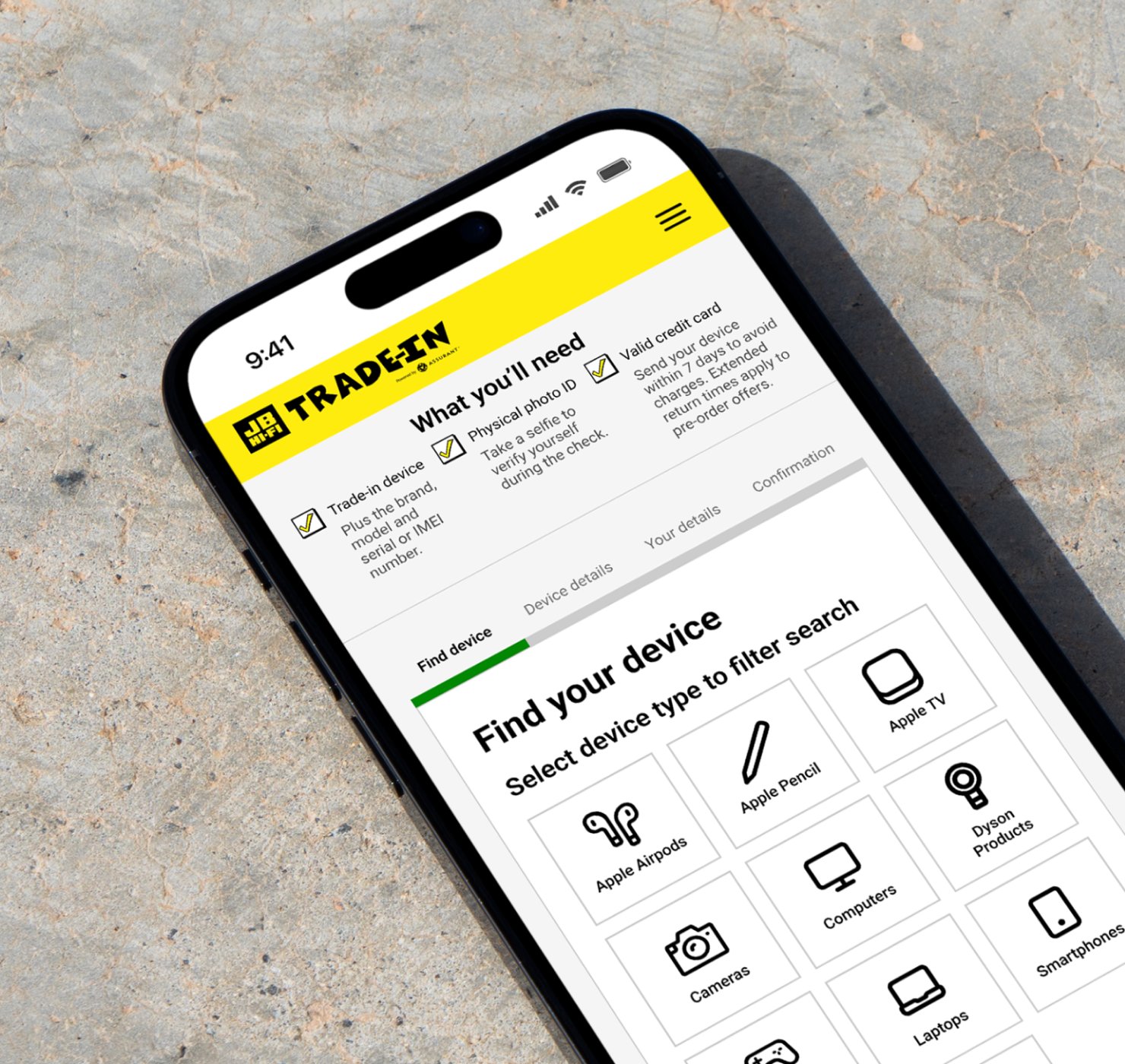 JB Hi-Fi Trade-In mobile experience on iPhone showing the find your device flow