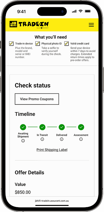 JB Hi-Fi Trade-In mobile screen showing the trade-in status timeline from shipment to assessment