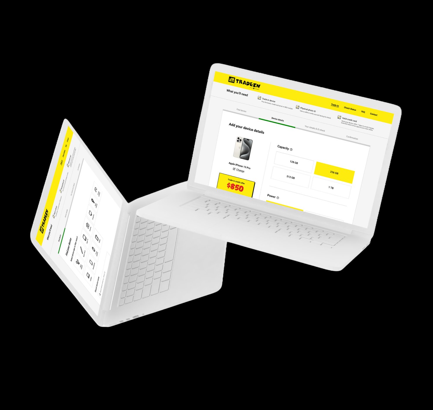 Conduct-designed Assurant Trade-In platform shown on floating laptop mockups