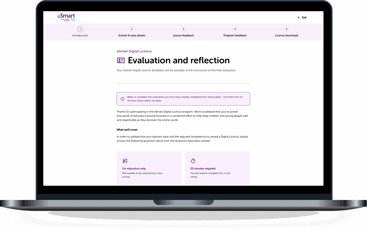 eSmart Digital Licence evaluation and reflection screen guiding educators through assessment