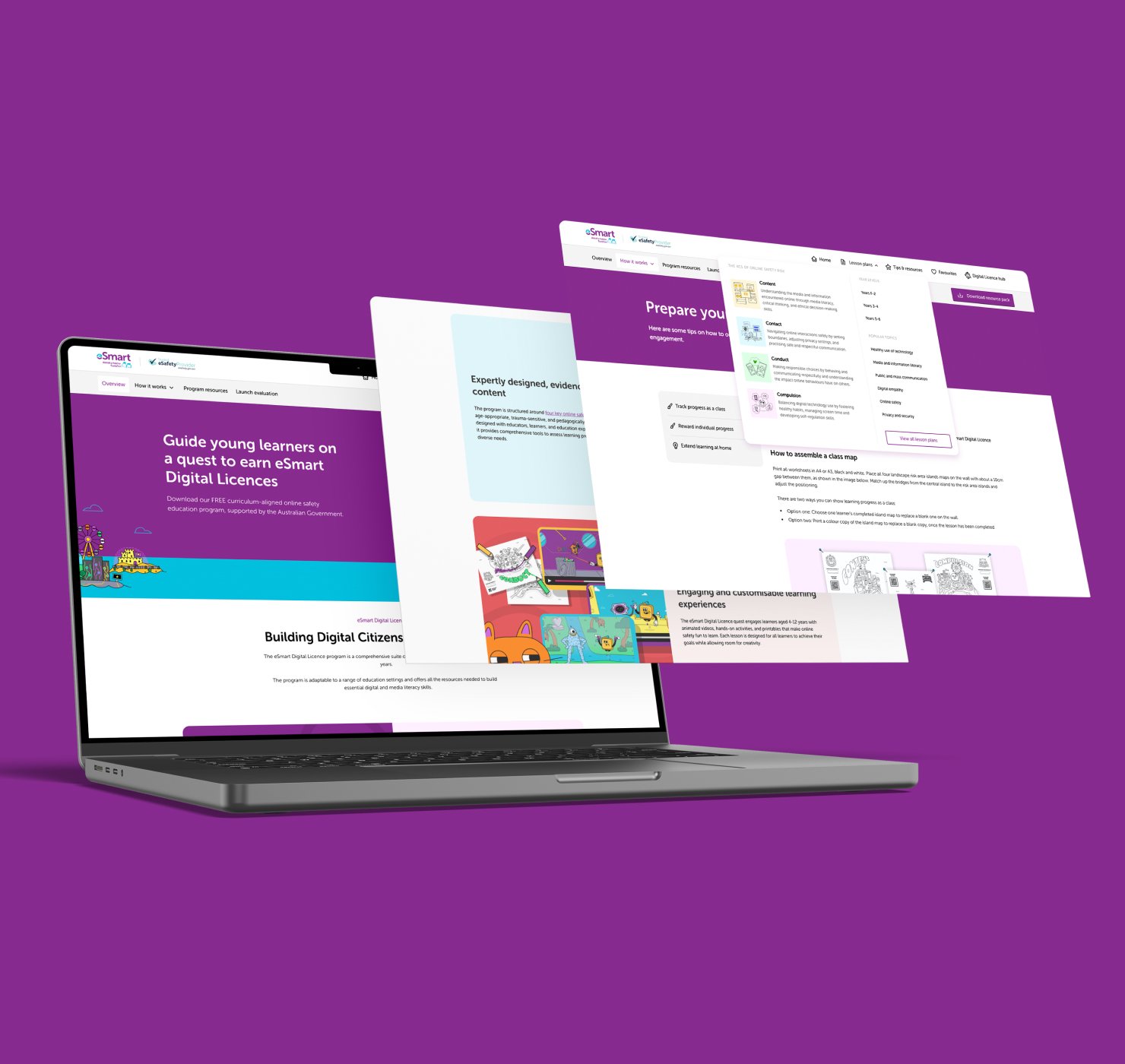 eSmart Digital Licence platform pages displayed across a laptop and floating screens