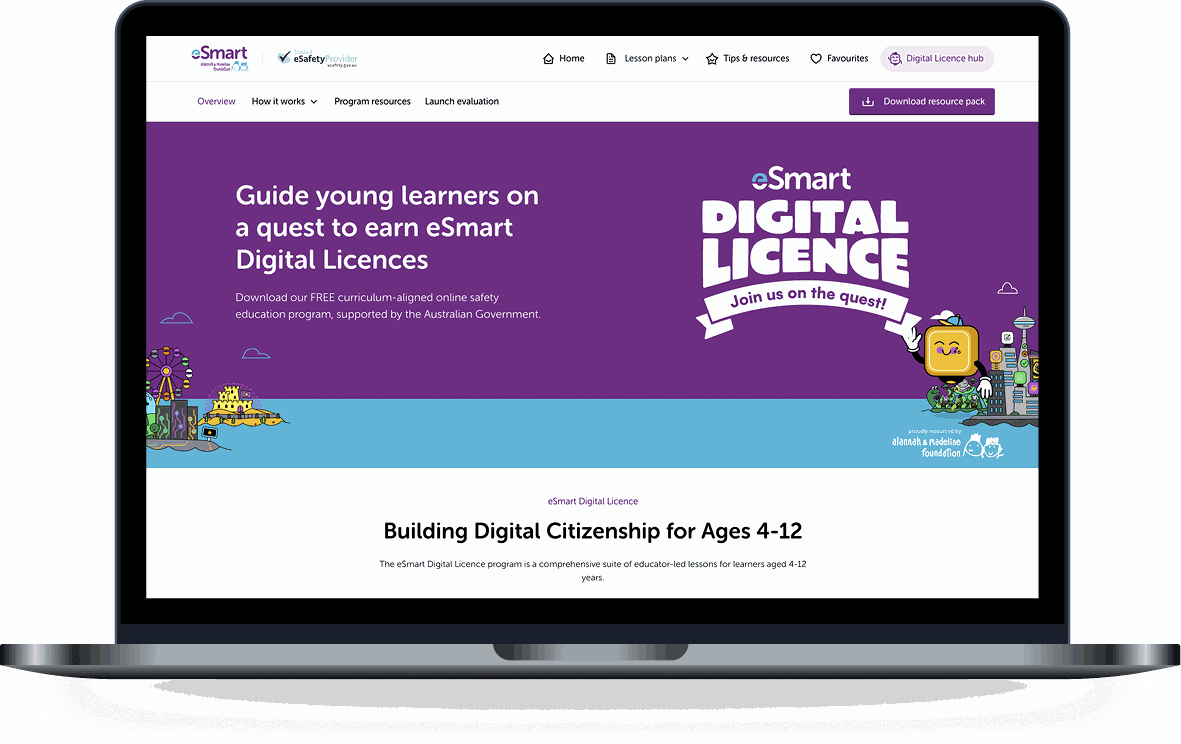 eSmart Digital Licence program homepage shown on a laptop, introducing Building Digital Citizenship for ages 4 to 12