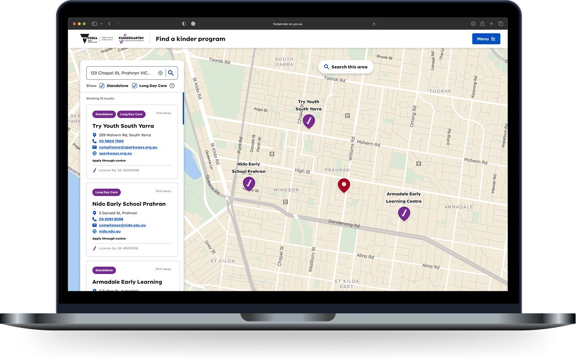 Find a Kinder interactive kindergarten map and search results on a laptop