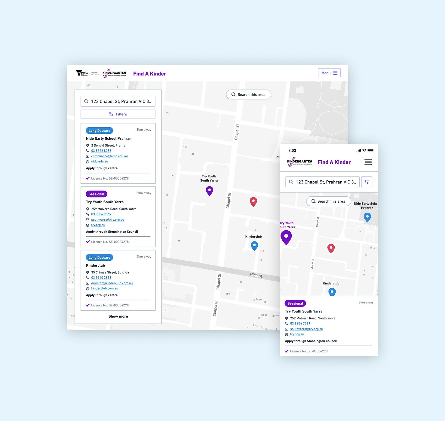 Find a Kinder Victoria website interactive map shown on desktop and mobile