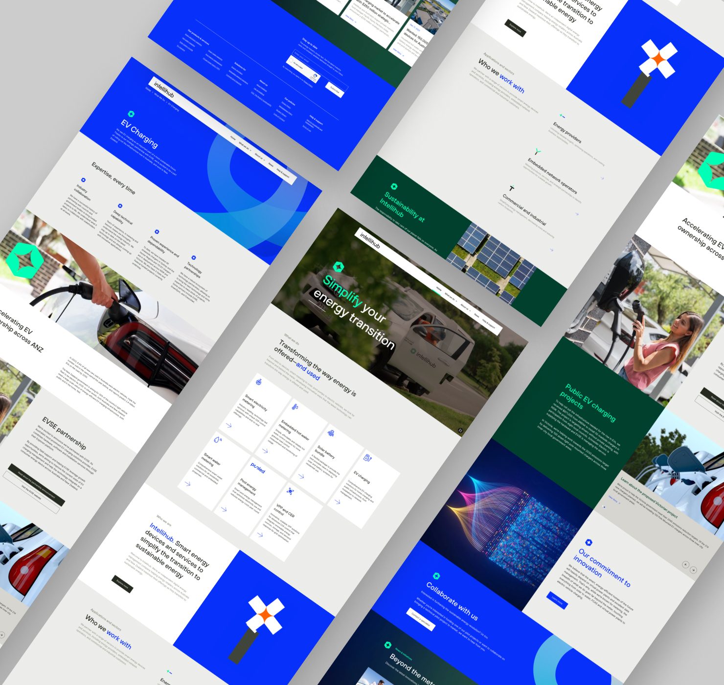 IntelliHub energy platform website pages including EV charging, sustainability and smart metering