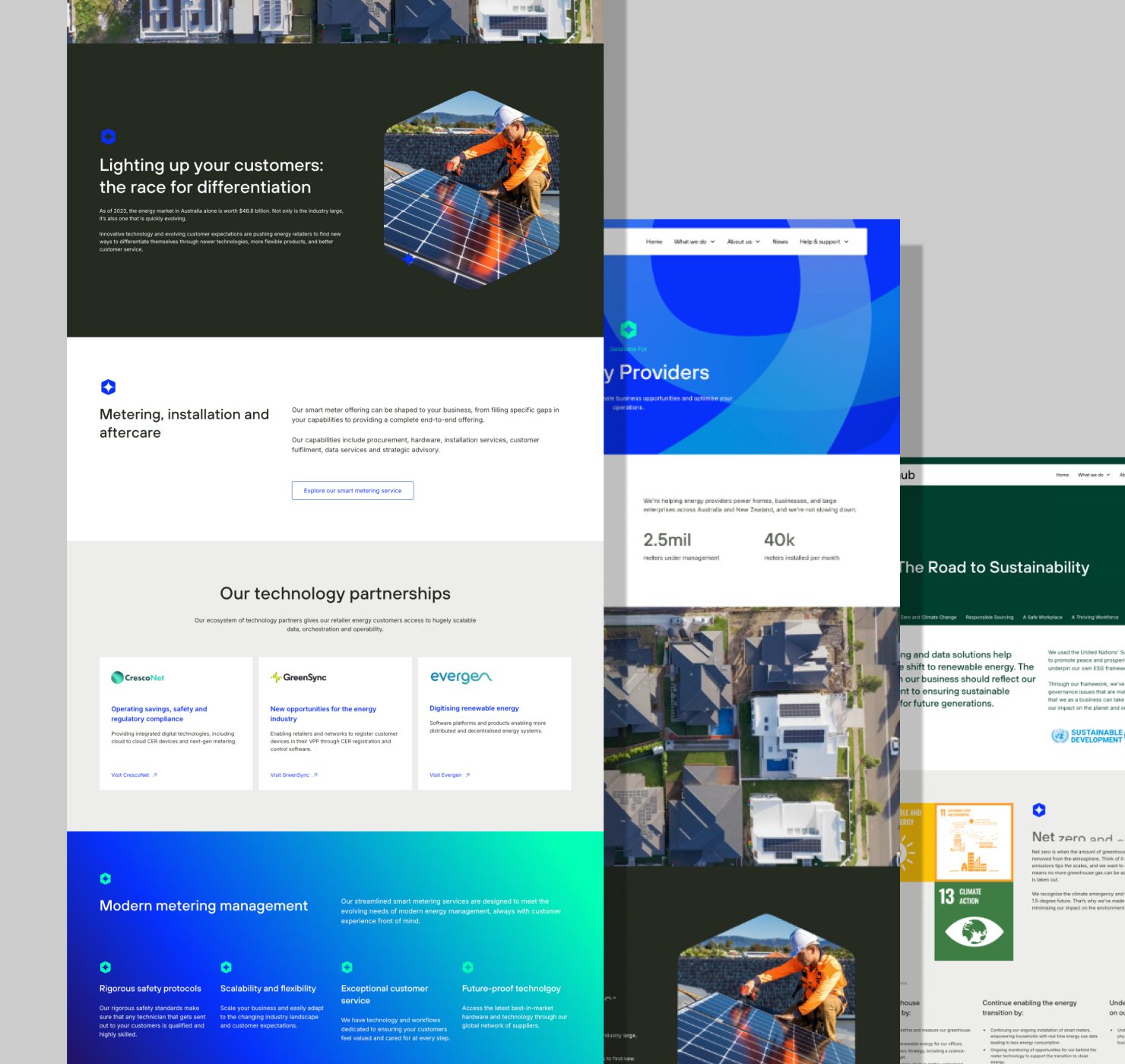 IntelliHub website design showing energy provider pages, metering management and technology partnerships
