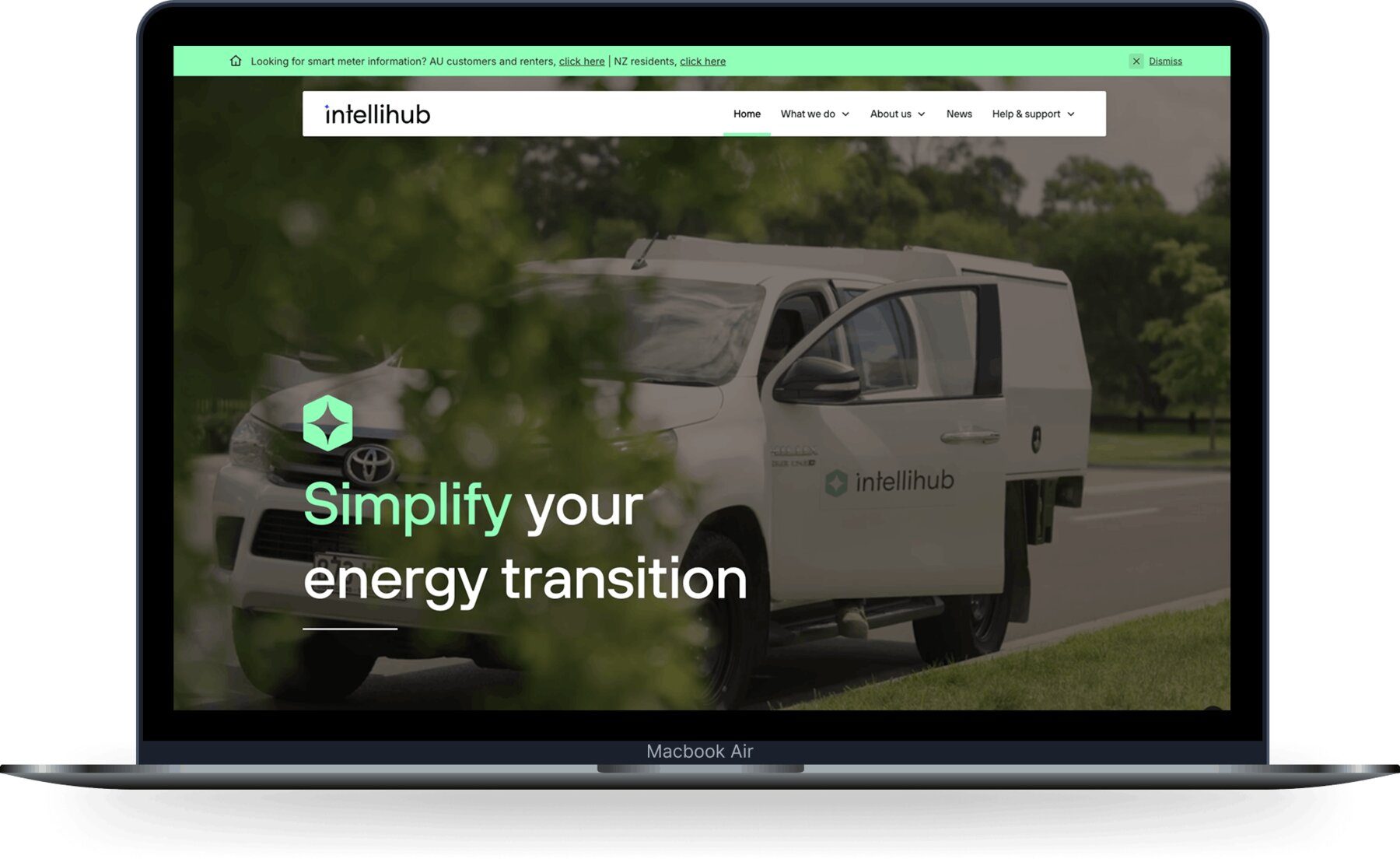 IntelliHub homepage hero showing Simplify your energy transition tagline with electric utility van