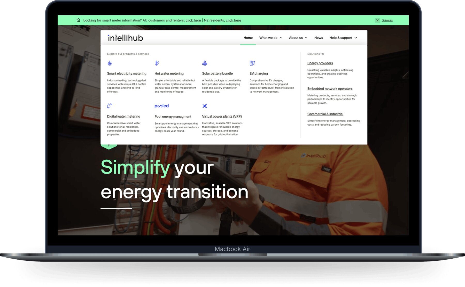IntelliHub website mega menu showing products and services navigation with smart metering and energy categories