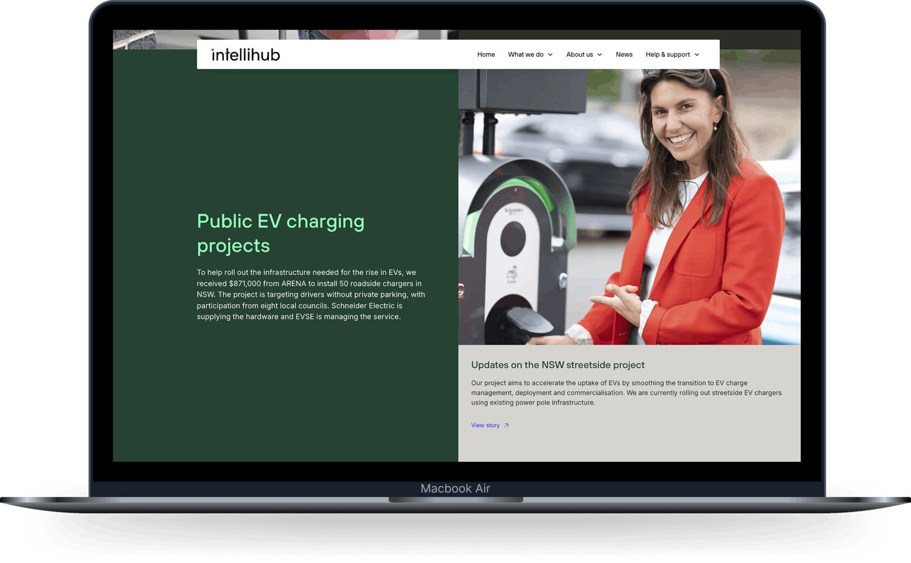 IntelliHub public EV charging projects page including the NSW streetside rollout with ARENA funding