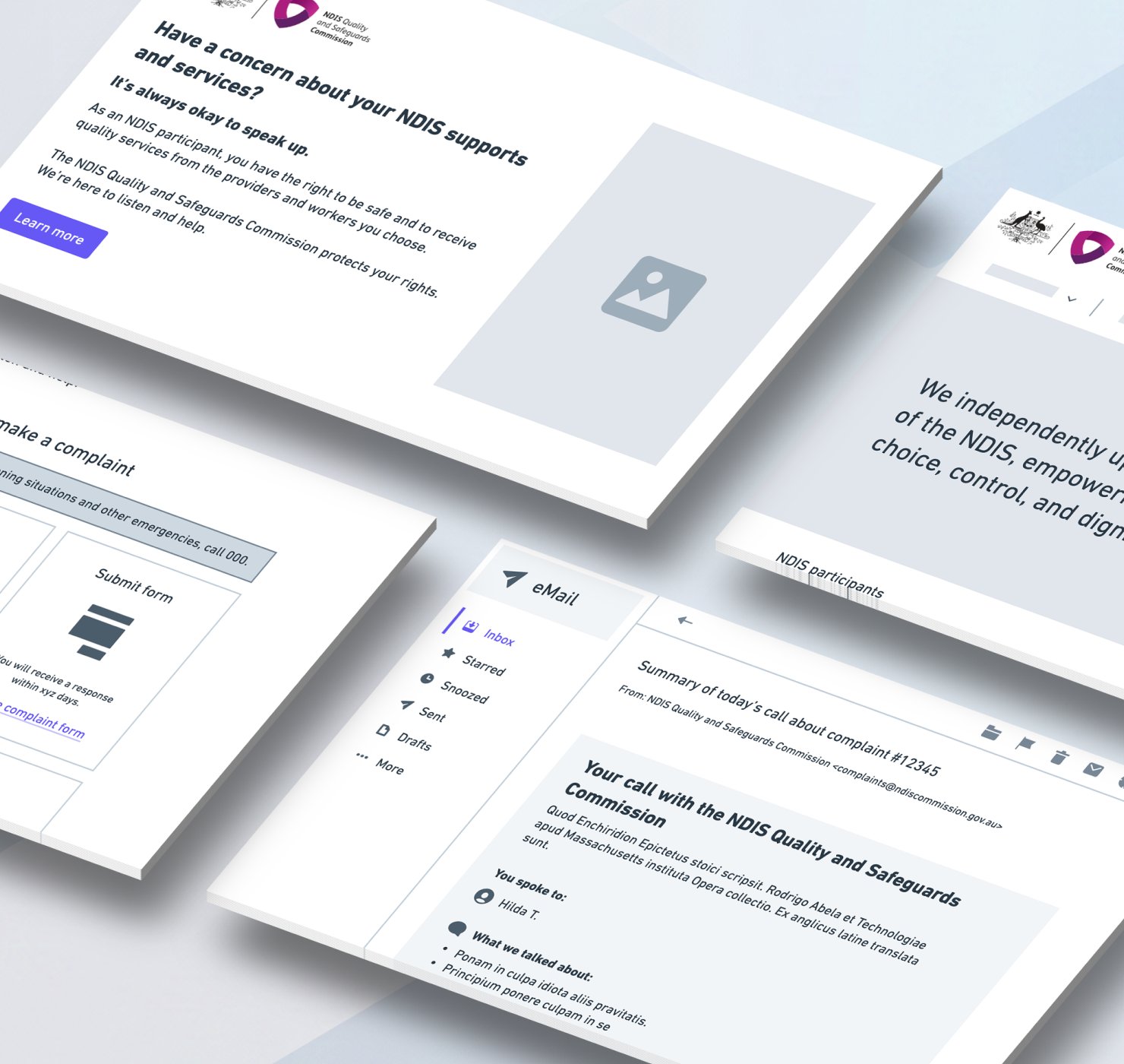 NDIS Quality and Safeguards Commission complaint portal design mockups including forms, email and content cards