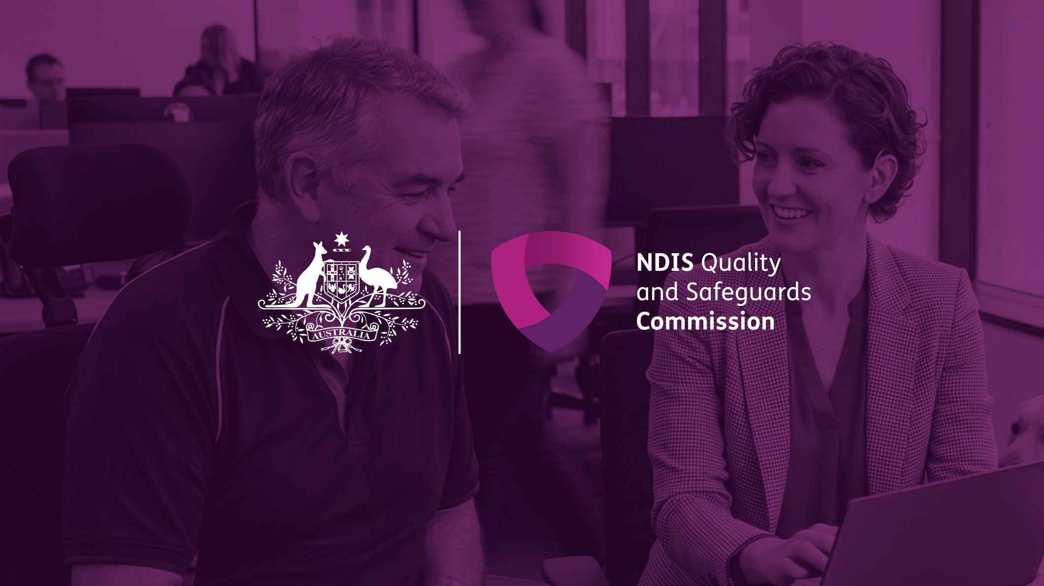 NDIS Quality and Safeguards Commission staff working together at a laptop with the Australian Coat of Arms and brand mark