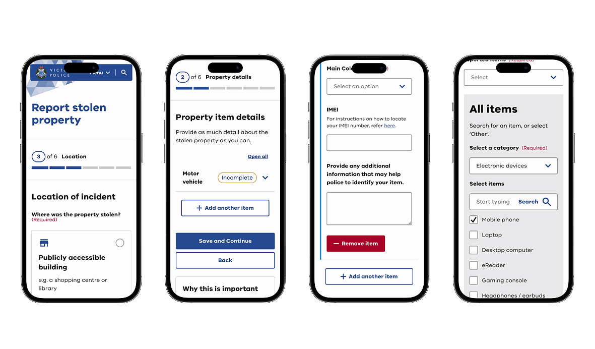 Victoria Police Report Stolen Property mobile flow shown across three iPhone screens covering location, property details and item selection