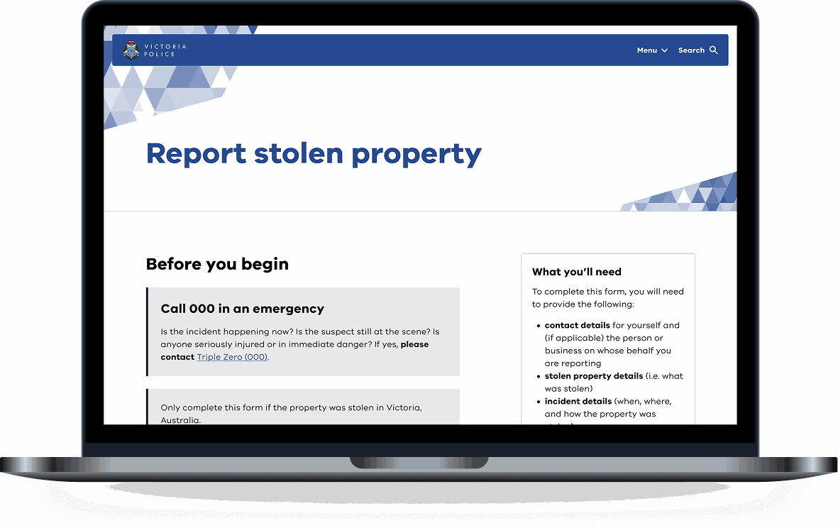 Victoria Police Report Stolen Property entry page shown on a laptop with the before-you-begin checklist