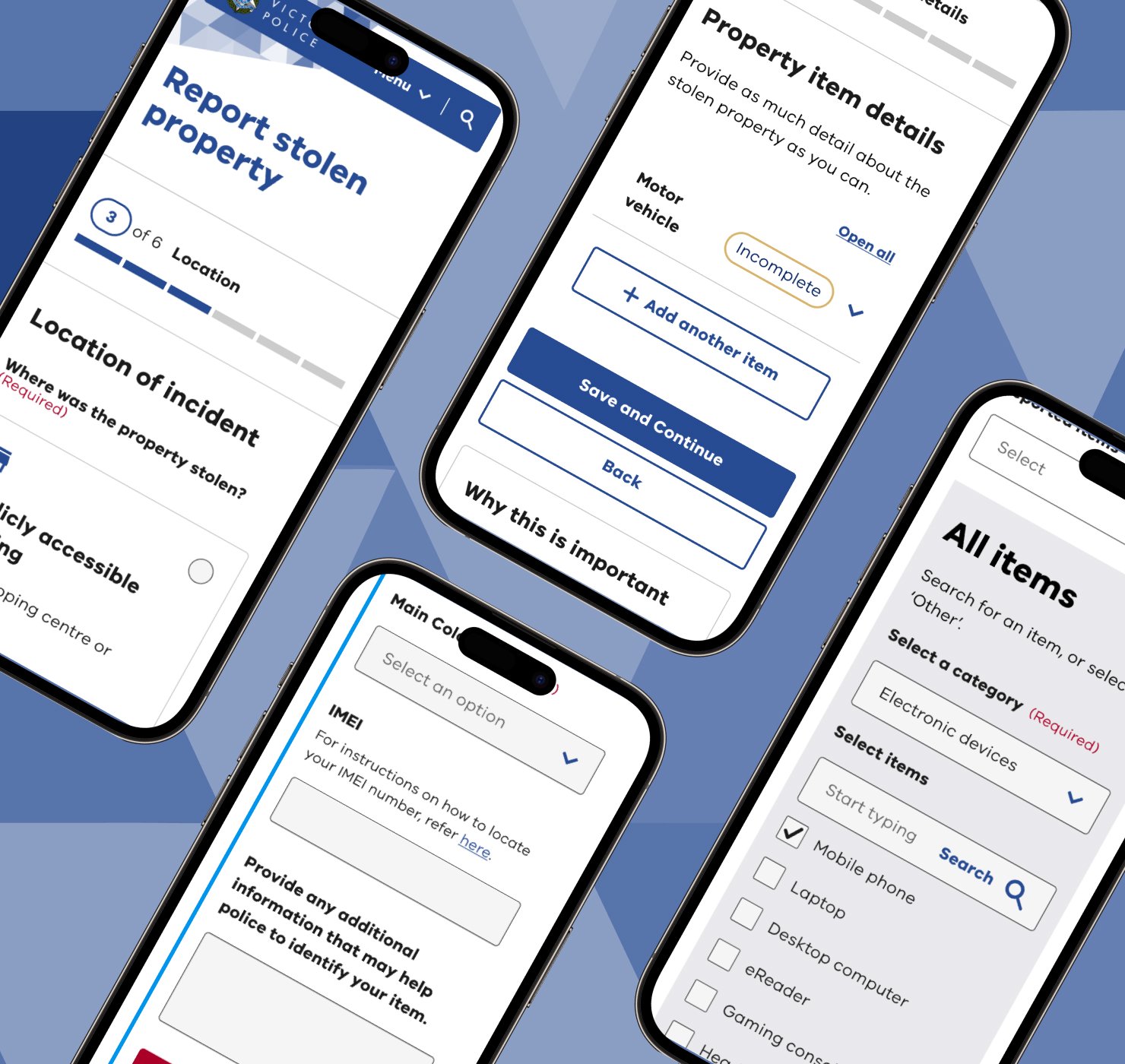 Victoria Police Report Stolen Property mobile form mockups on the brand navy triangle pattern background