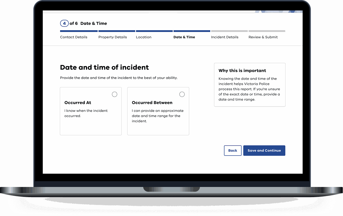 Victoria Police Report Stolen Property Date and Time step shown on a laptop with Occurred At and Occurred Between options