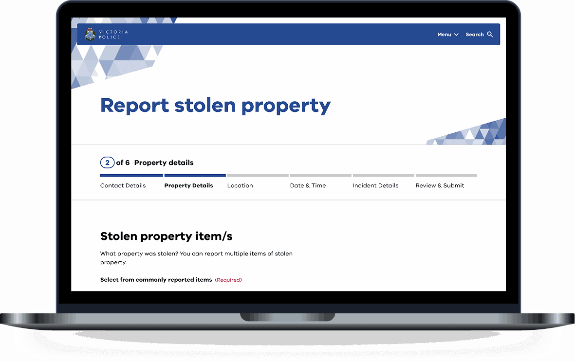 Victoria Police Report Stolen Property details step shown on a laptop with the progress stepper