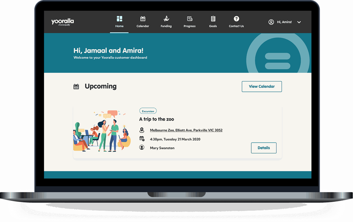Yooralla customer portal home dashboard with upcoming events