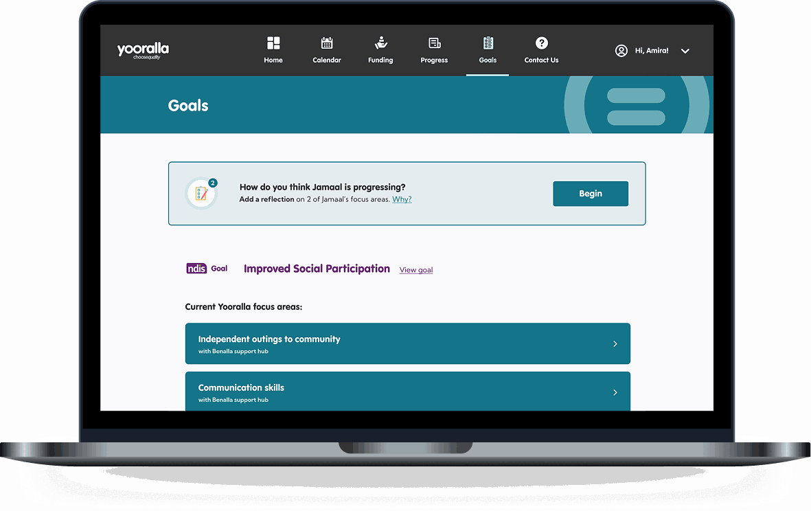 Yooralla NDIS goals screen showing Improved Social Participation focus areas