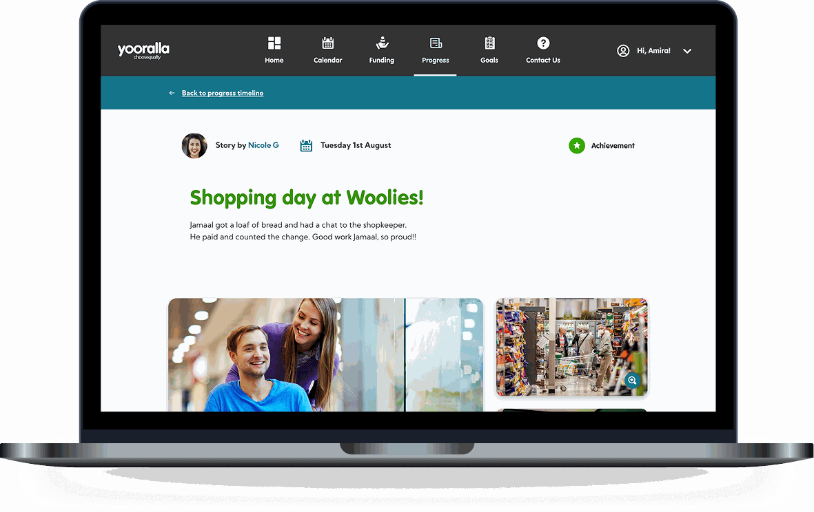 Yooralla Progress Stories post about a carer-shared shopping day at Woolies