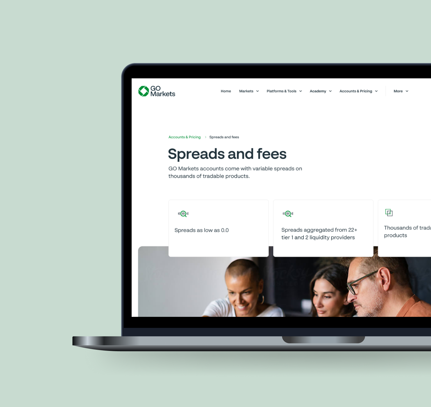 GO Markets Spreads and Fees page, a regulated content surface on the new Webflow site