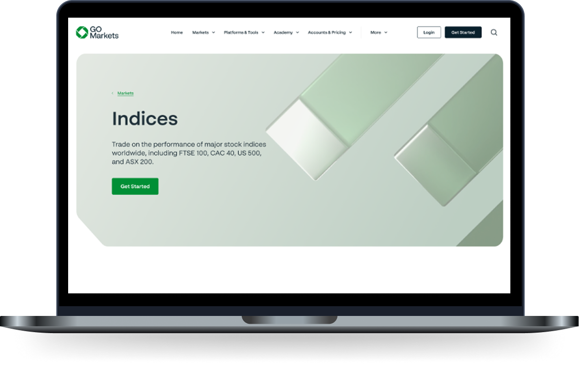 GO Markets Indices product page on the new Webflow site
