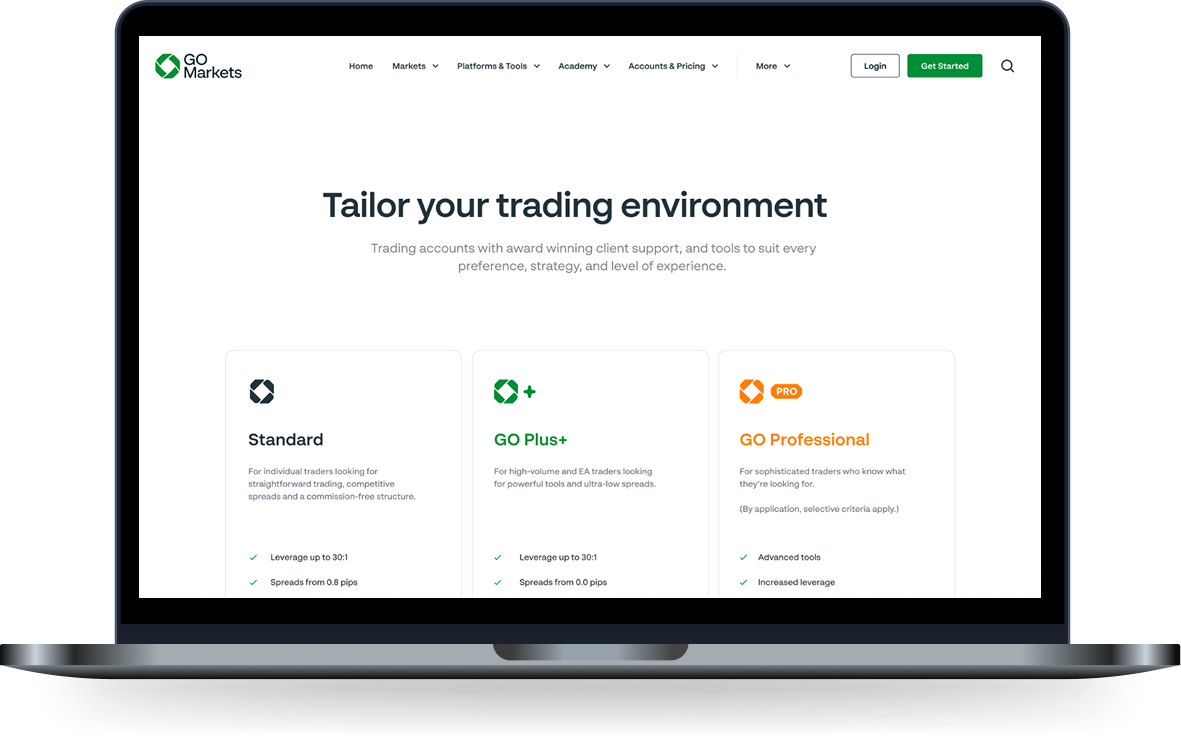 GO Markets trading account comparison page on the new Webflow site