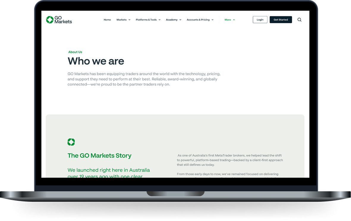 GO Markets Who we are brand-led About page on the new Webflow site