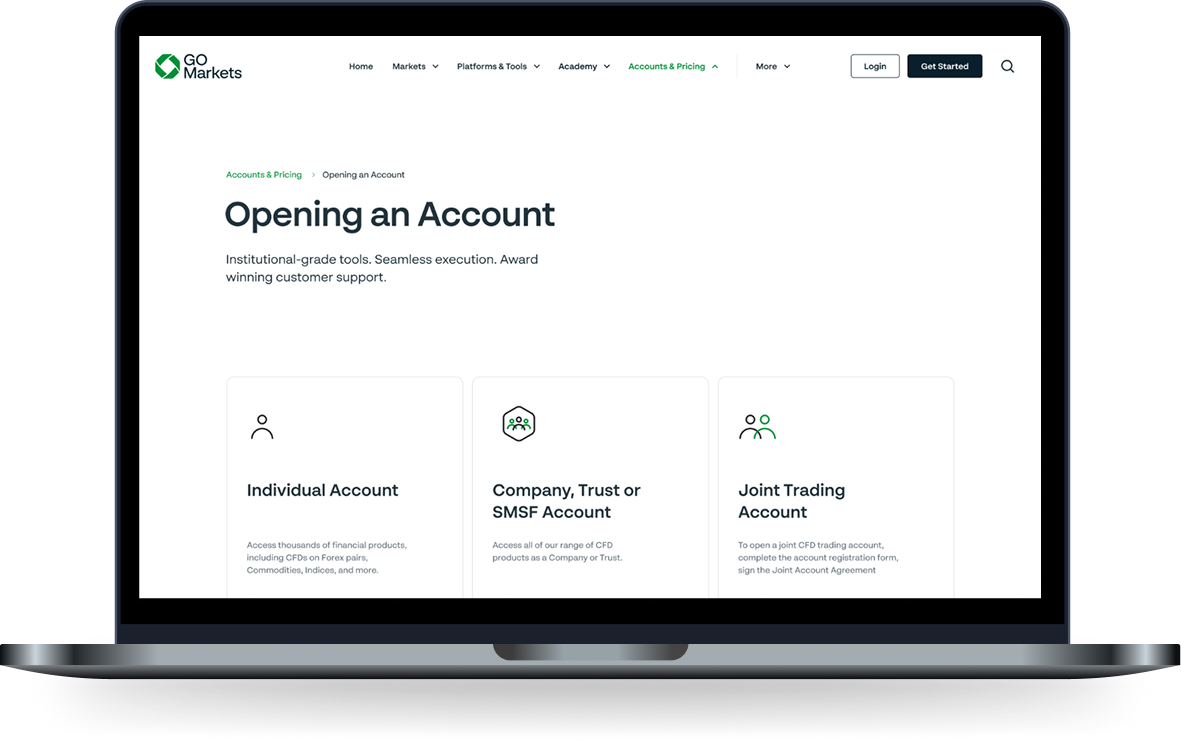 GO Markets Opening an Account page on the new Webflow site
