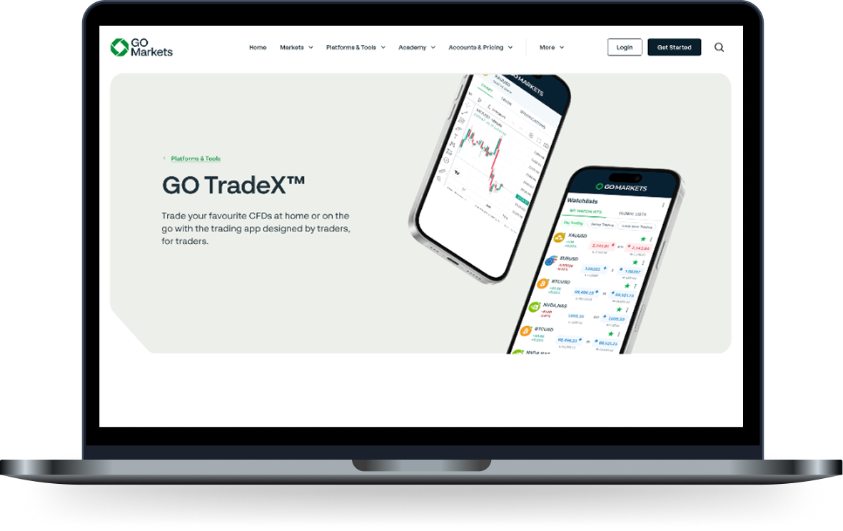 GO Markets GO TradeX trading app product page on the new Webflow site