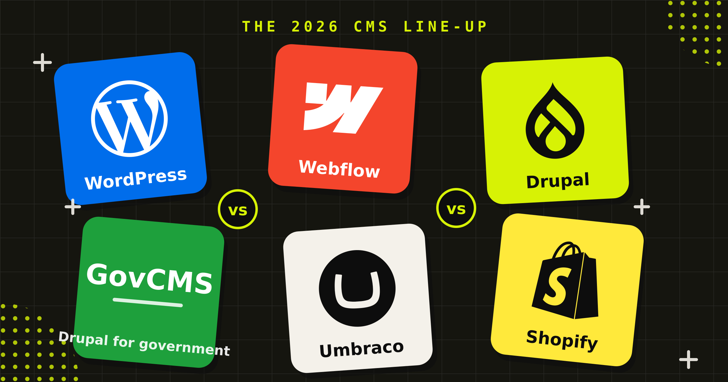 WordPress, Webflow, Drupal, GovCMS, Umbraco and Shopify logos compared