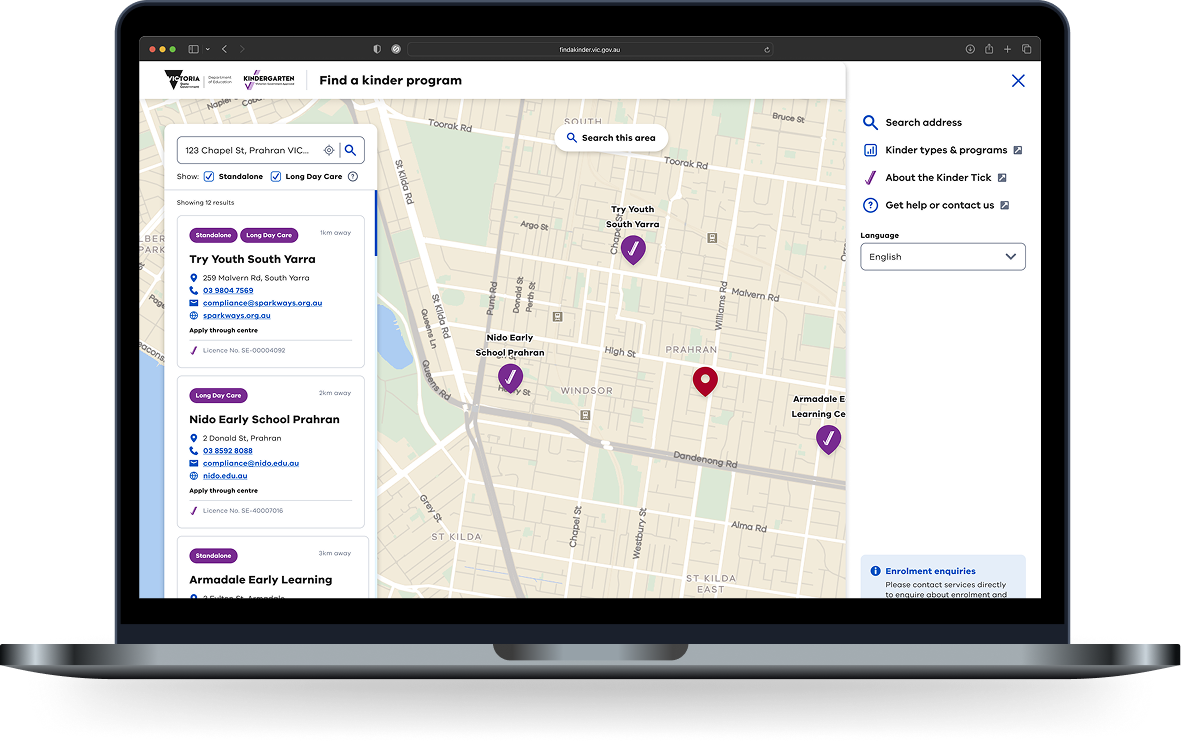 Find a Kinder map with search filters and accessibility preferences panel