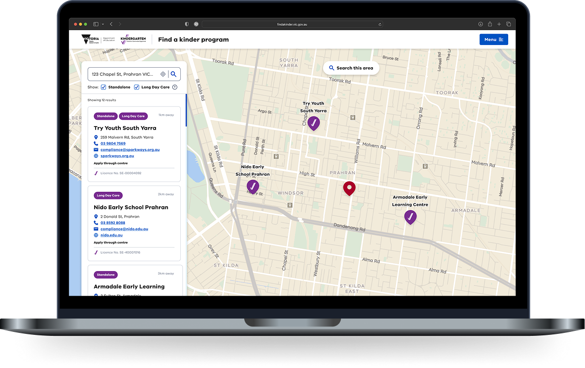 Find a Kinder interactive map showing kindergarten search results across Melbourne
