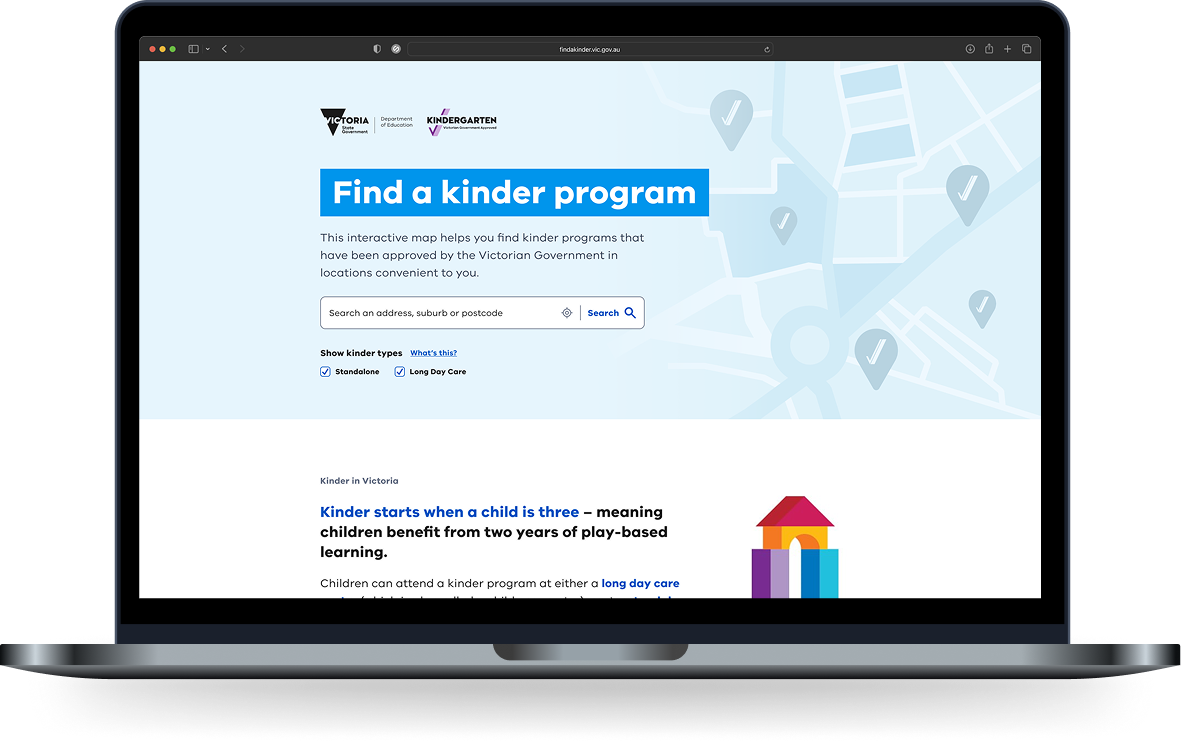 Find a Kinder program landing page with kindergarten search and map background