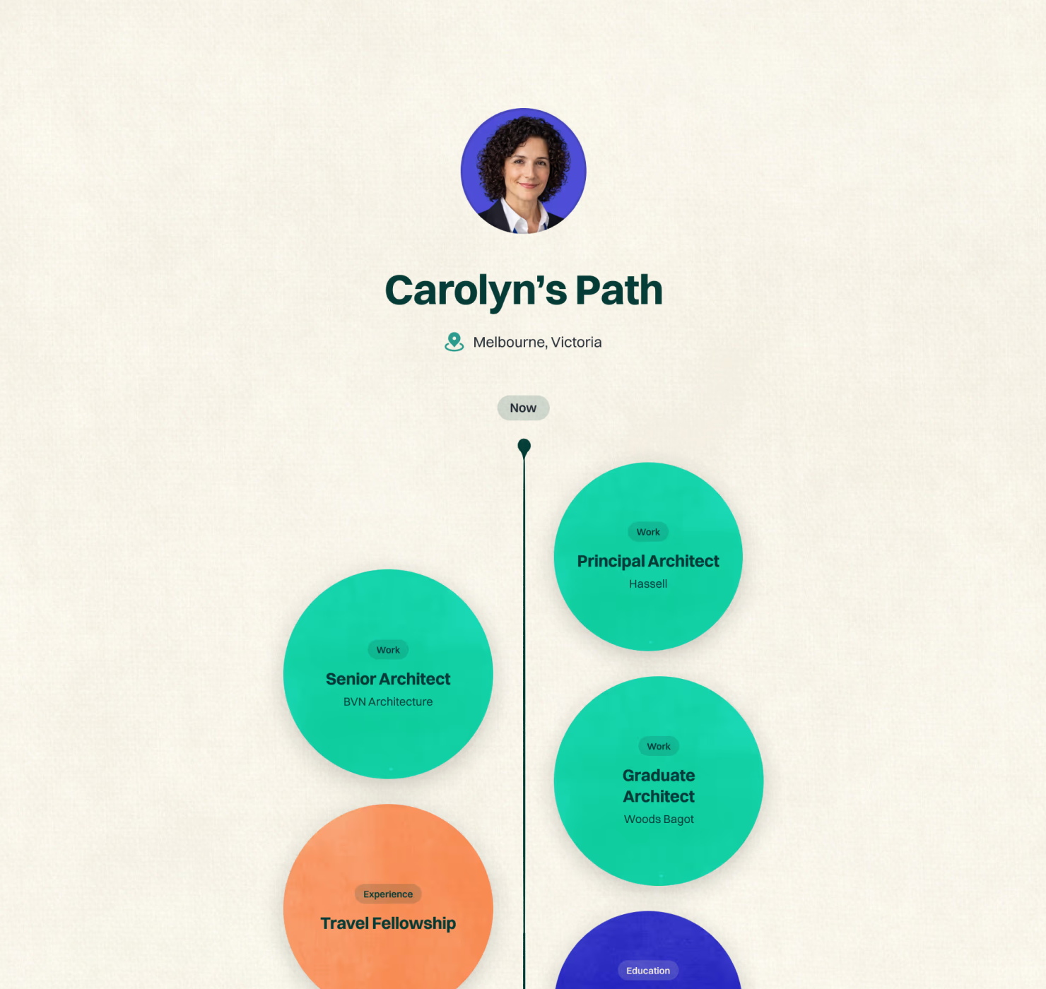 AMillionPaths user story UI mockup: Carolyns Path showing a career journey from Travel Fellowship through to Principal Architect