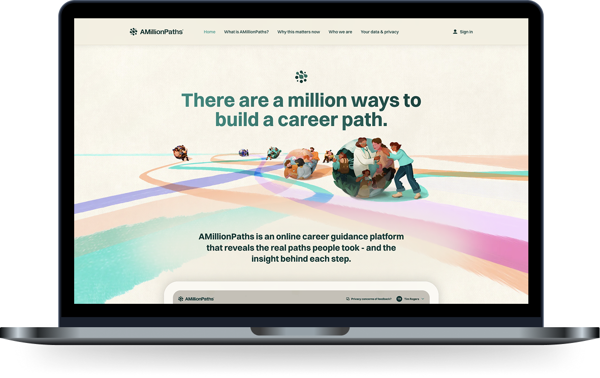 AMillionPaths homepage hero on laptop showing the platform value proposition