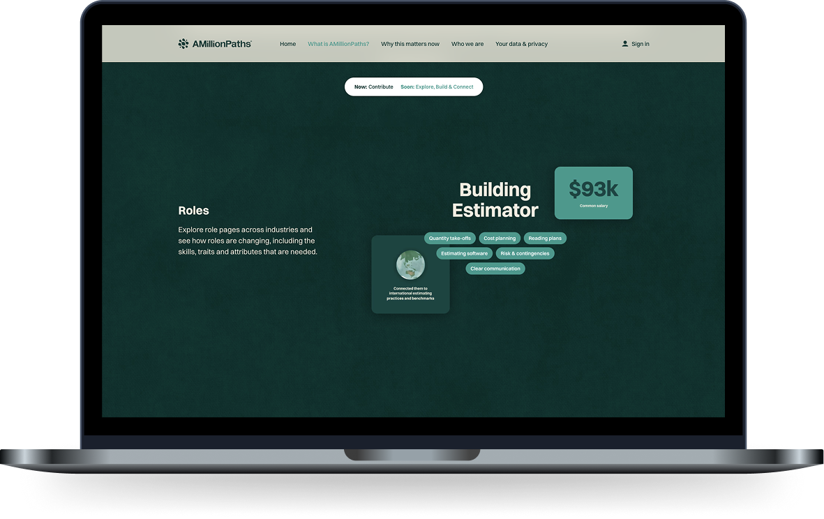 AMillionPaths Roles page showing Building Estimator role with median salary