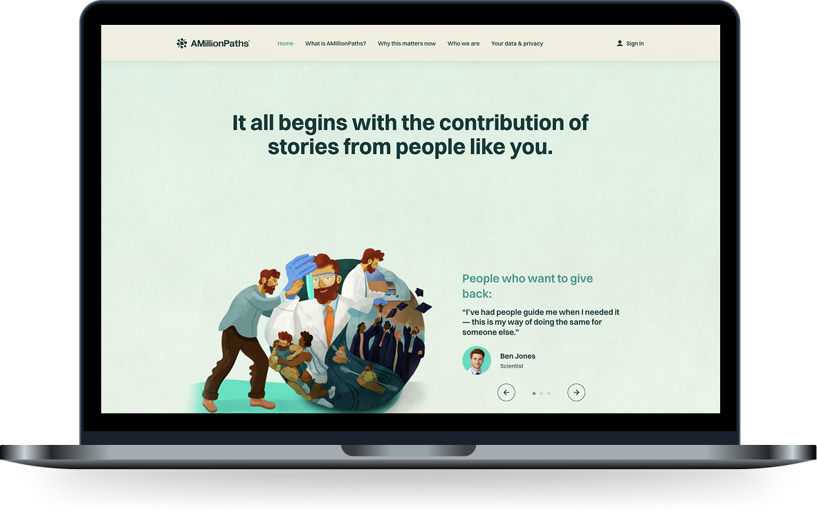 AMillionPaths page encouraging users to contribute their own career stories