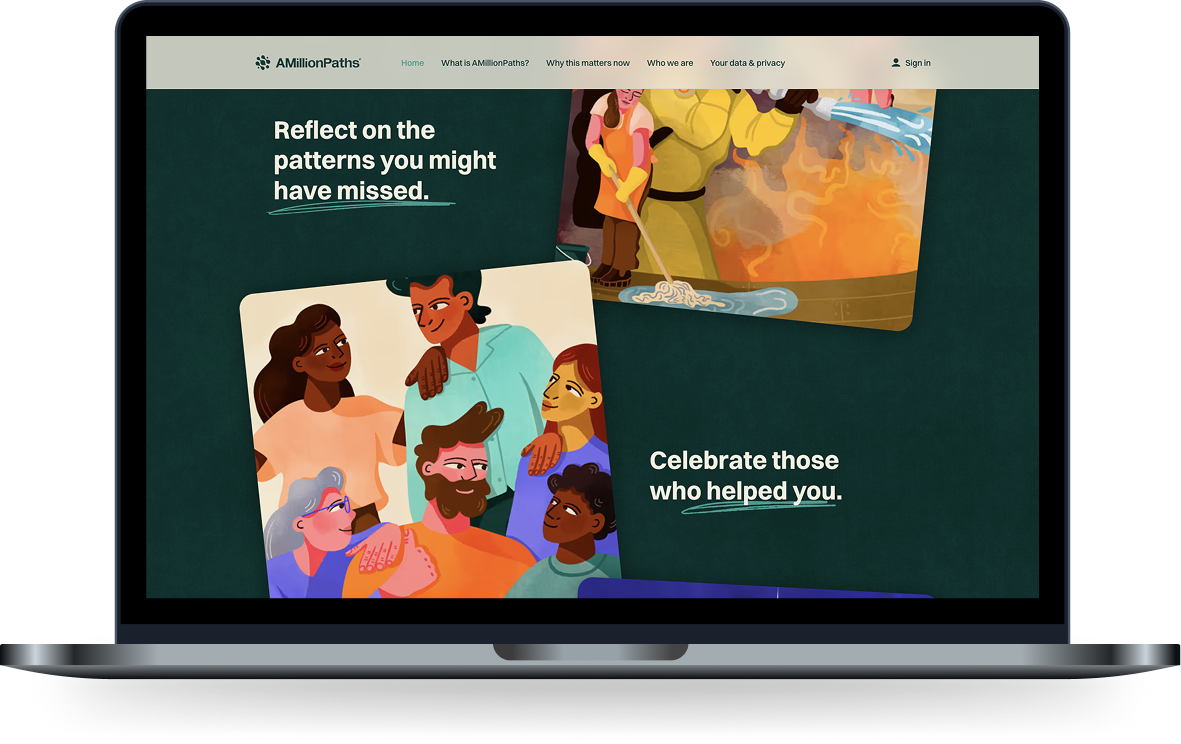 AMillionPaths page inviting users to reflect on patterns and celebrate those who helped them
