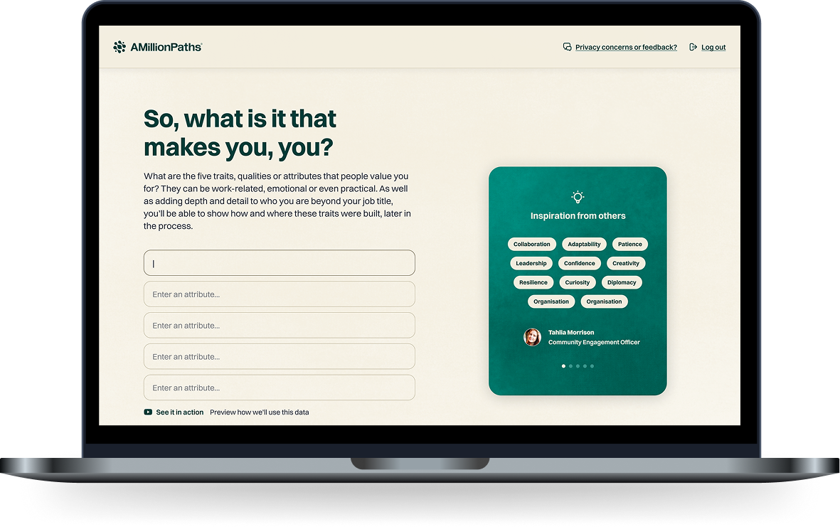 AMillionPaths screen prompting members to add personal attributes to their path