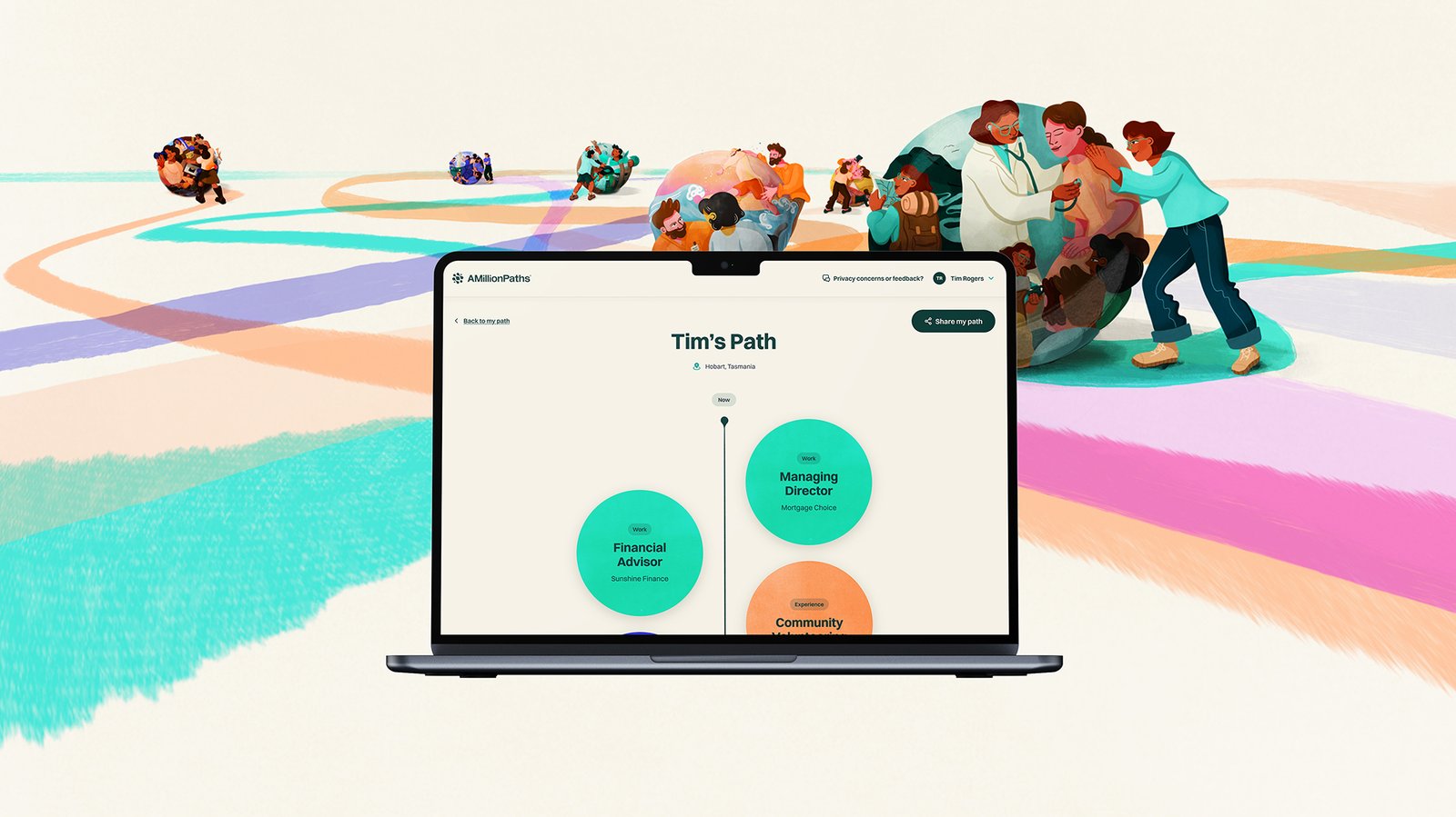 AMillionPaths career platform showing a members career path visualisation on a laptop