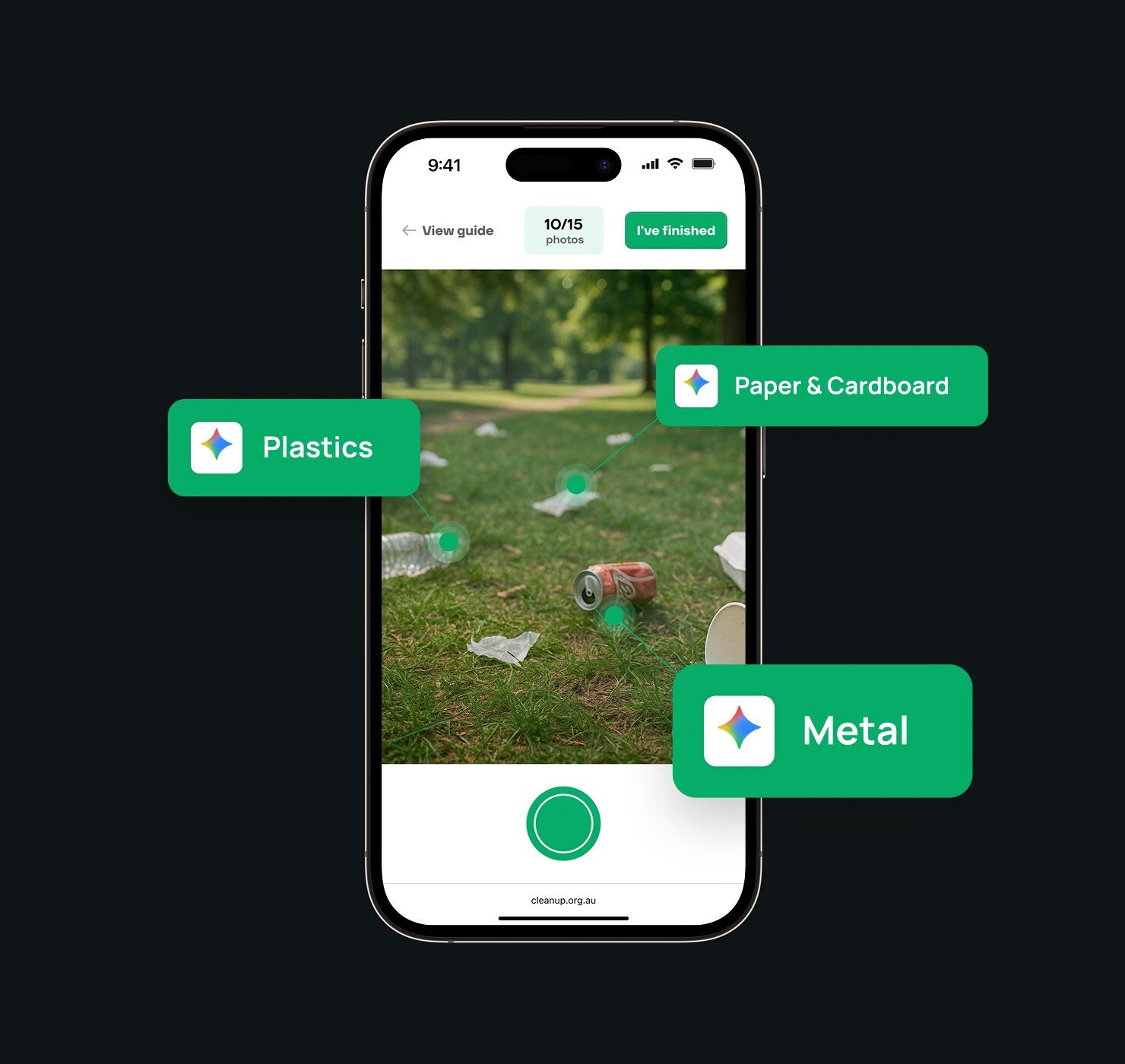 Clean Up CAM AI classification labels including plastics, paper and cardboard and metal applied to a litter photo