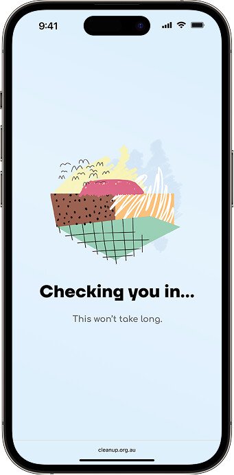 Clean Up CAM app check-in loading screen with Checking you in message and Clean Up Australia illustration