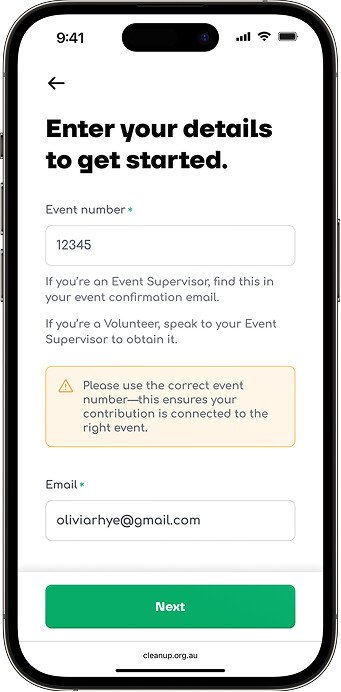 Clean Up CAM app event check-in screen asking volunteers to enter their event number to connect their contribution to the right event