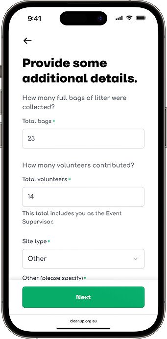Clean Up CAM app event summary form asking event supervisors for total bags collected, volunteers and site type information