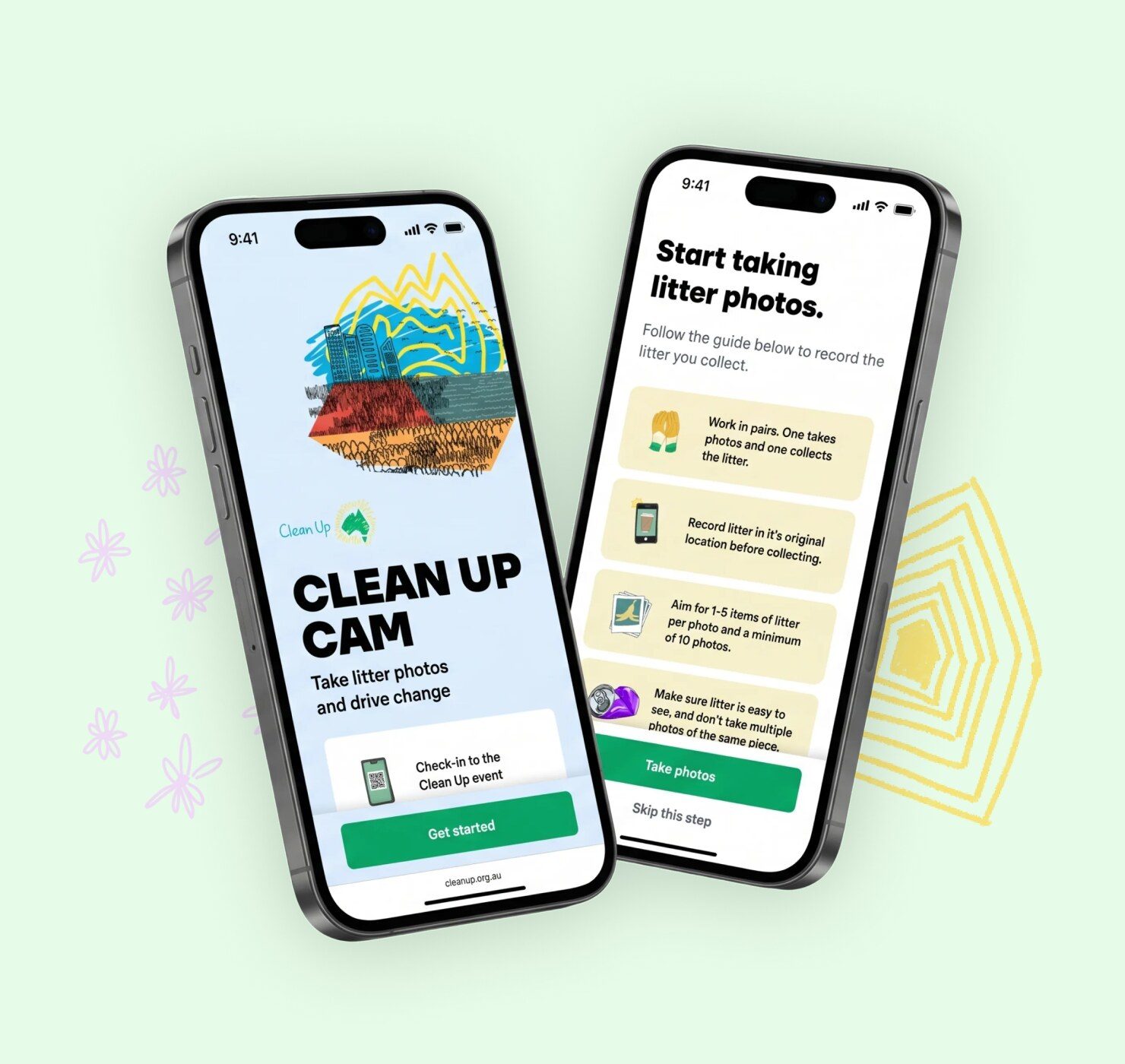 Clean Up CAM app onboarding and litter photo guide screens designed for first time Clean Up Australia volunteers