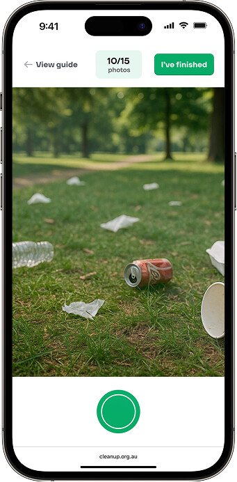 Clean Up CAM app photo capture screen showing 10 of 15 litter photos taken in a park during a Clean Up Australia event