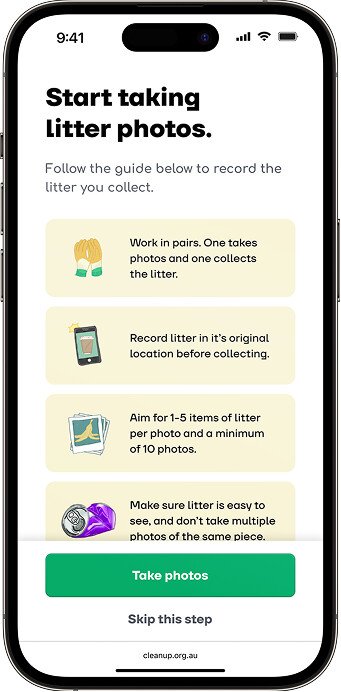 Clean Up CAM app photo guide explaining how volunteers should work in pairs, record litter in its original location and aim for 1-5 items per photo